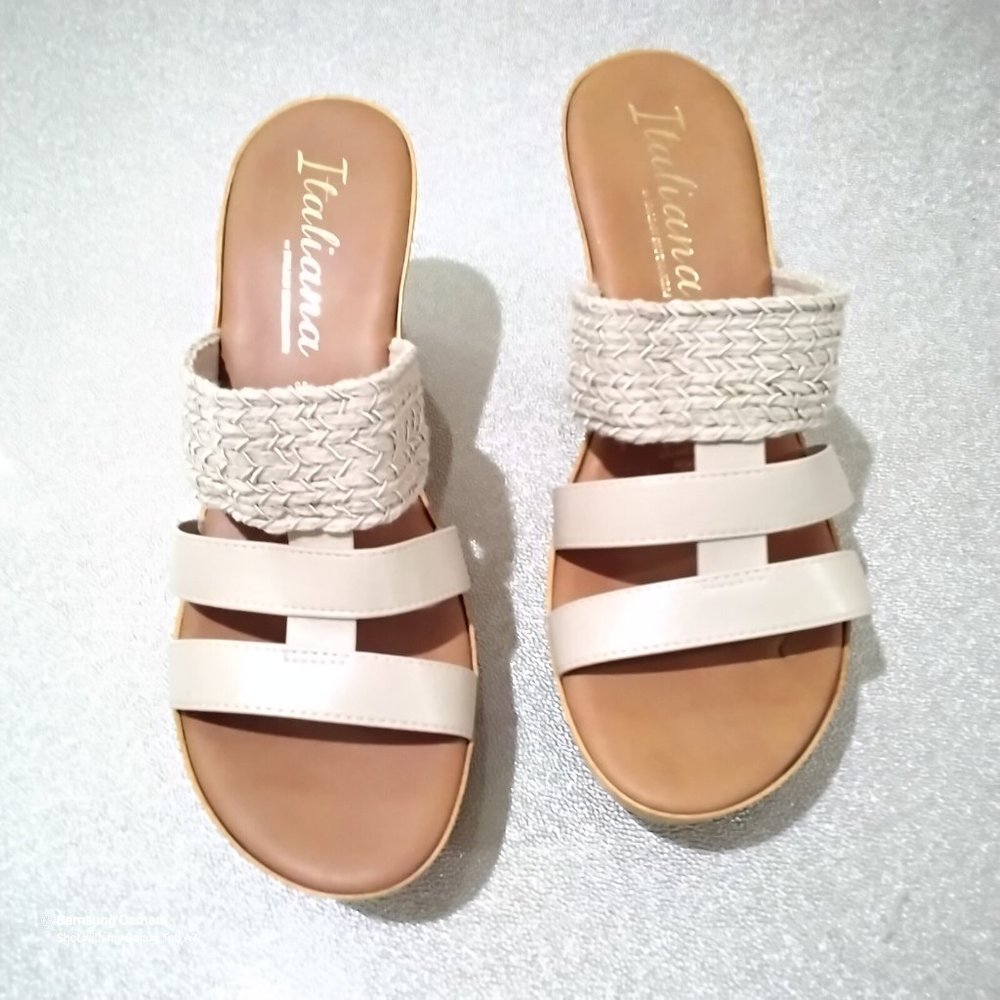 Italiana by Italian Shoemakers Strappy 1" Platform 4" Wedge Wood Slides NWOT 10M
